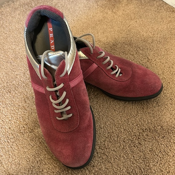 Prada Italy Red Stripe with silver leather and dark pink suede size 39 (US WM 9) - Picture 1 of 13
